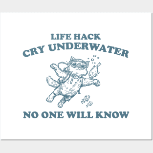 Cry Underwater No One Will Know Retro T-Shirt, Funny Cat Ocean T-shirt, Sarcastic Sayings Shirt, Vintage 90s Gag Unisex Shirt, Funny Fish Posters and Art